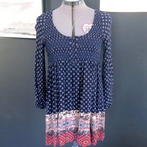 Altar'd State Boho Babydoll Dress Smocked Top Long Sleeve Size Medium